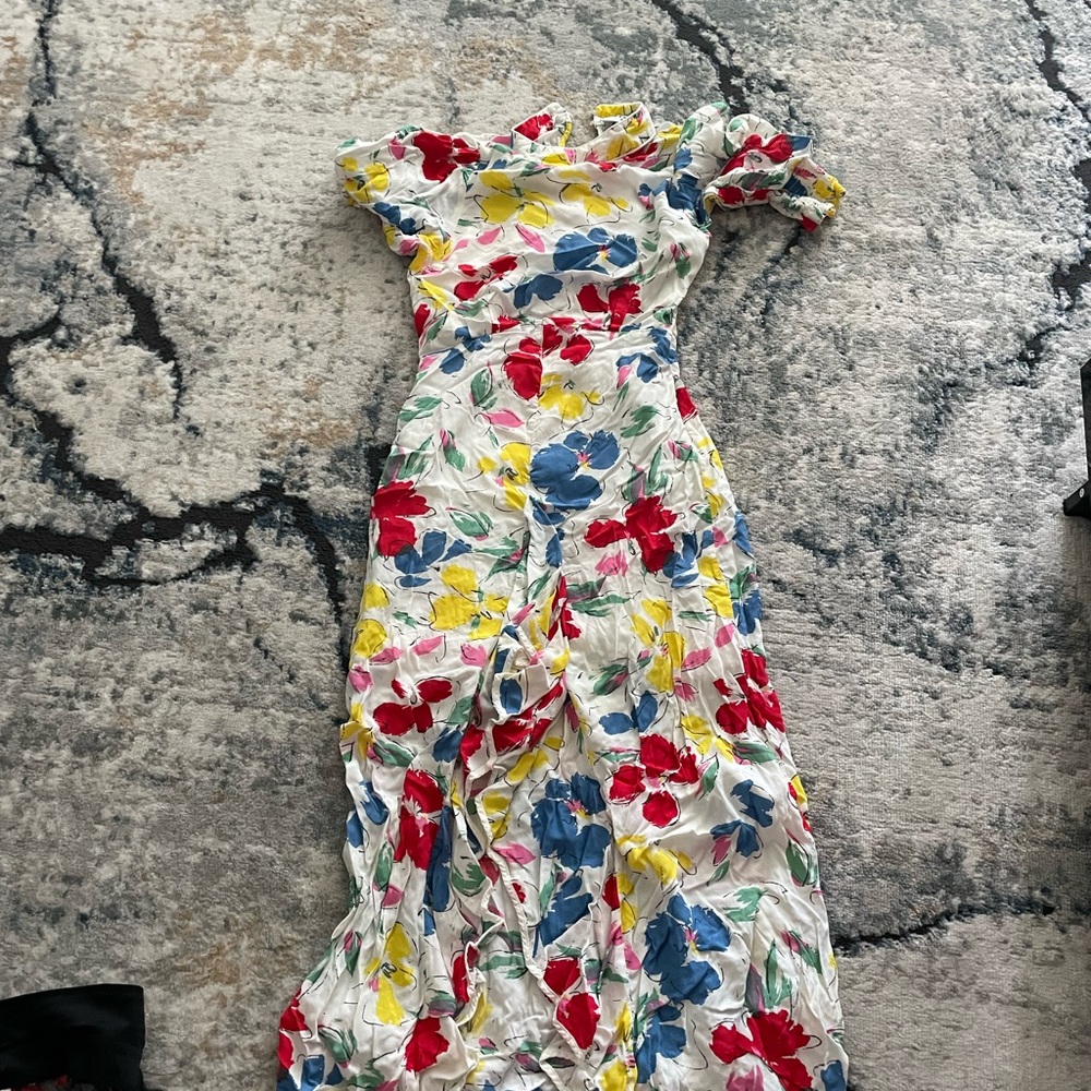 Designer rare RIXO London rare beautiful floral high neck sz 4 cap sleeve dress